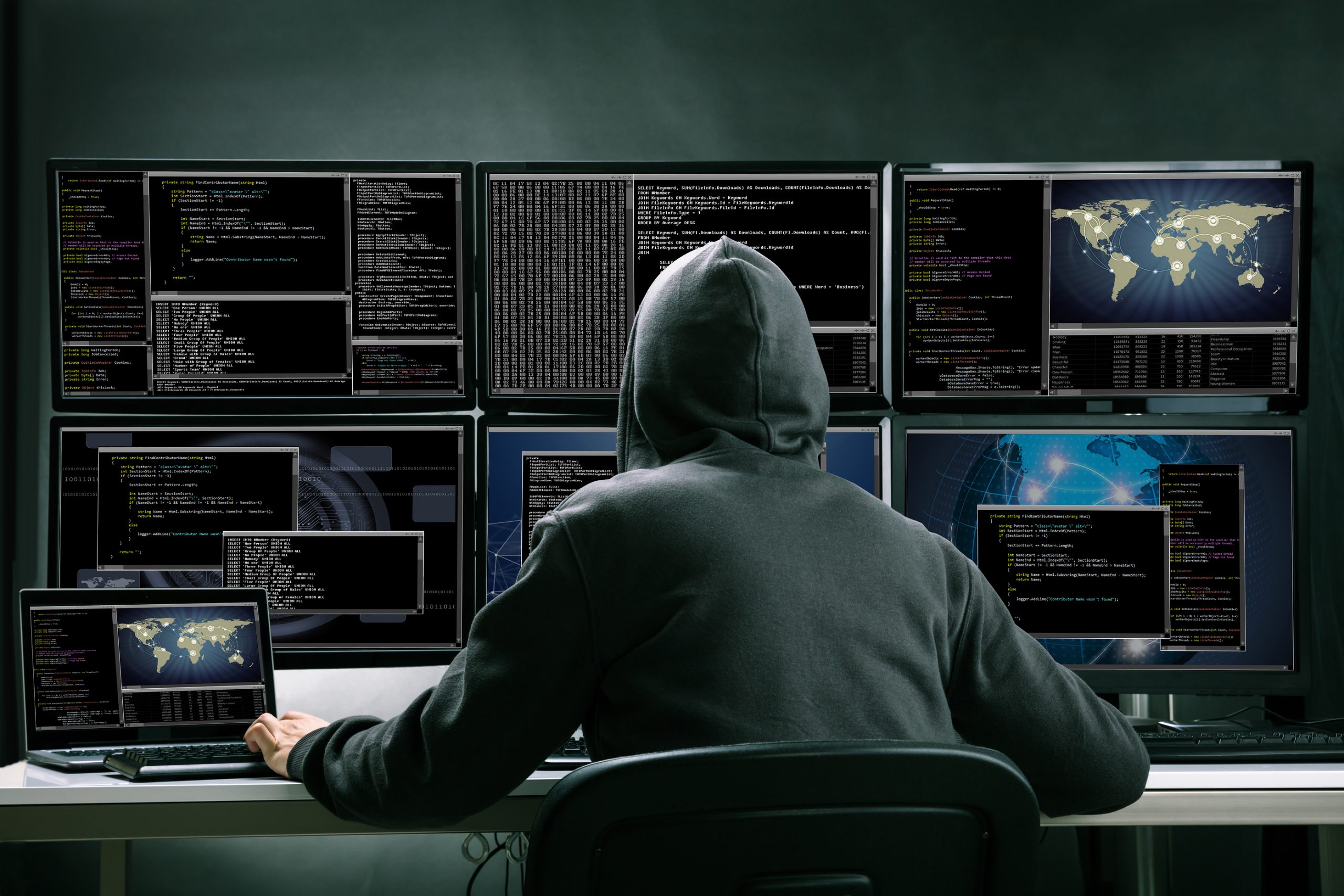 Rear View Of A Hacker Using Multiple Computers For Stealing Data In Office
